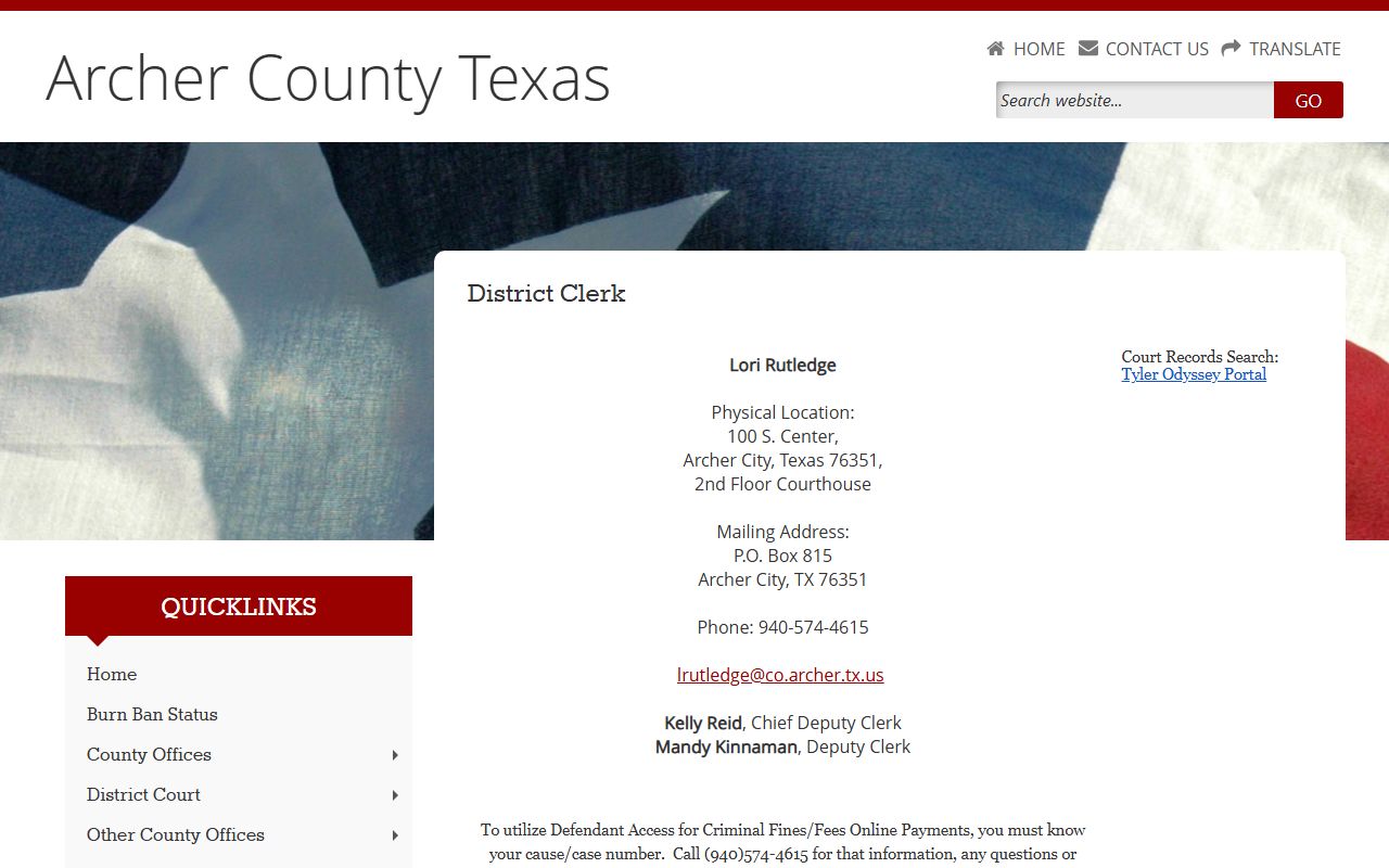 Archer County divorce records - District Clerk office page