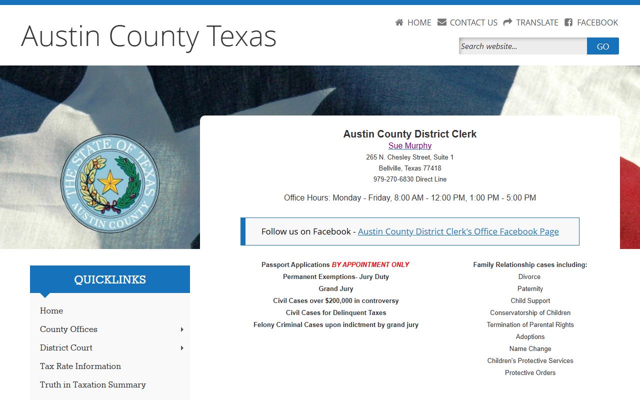 Austin County divorce records - District Clerk page