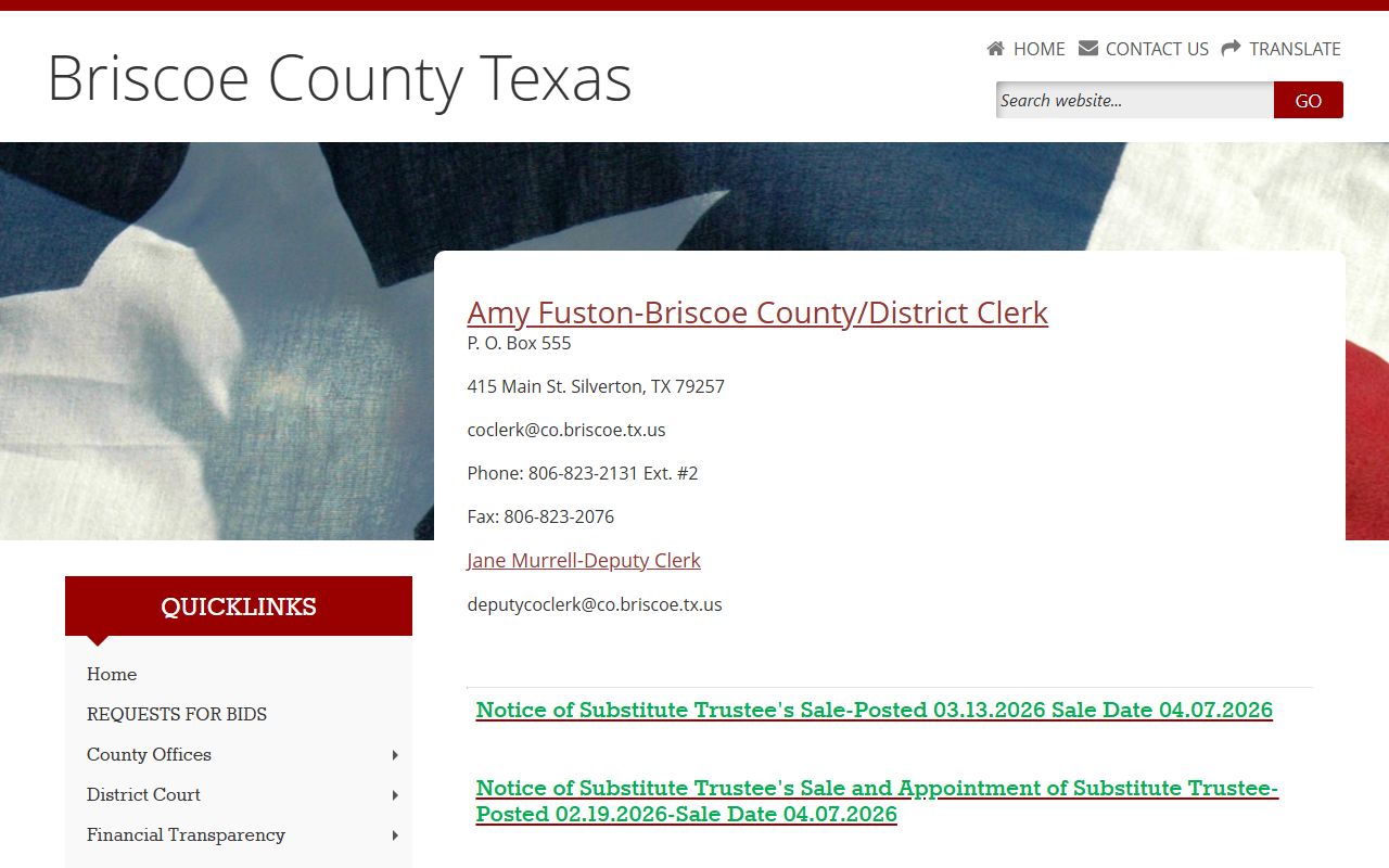 Briscoe County District Clerk page showing divorce records information