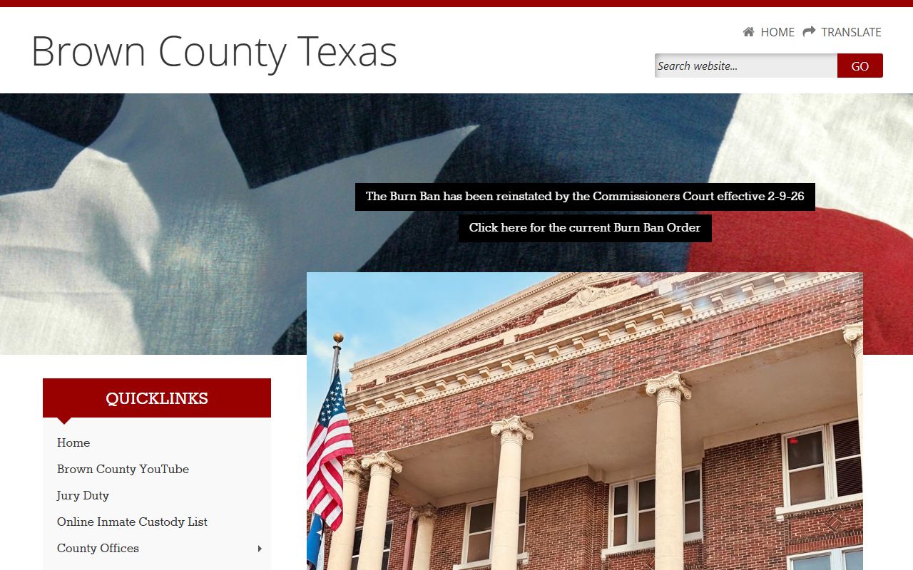 Brown County homepage showing county services and District Clerk for divorce records
