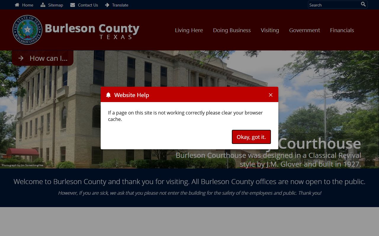 Burleson County official website showing county services for divorce records