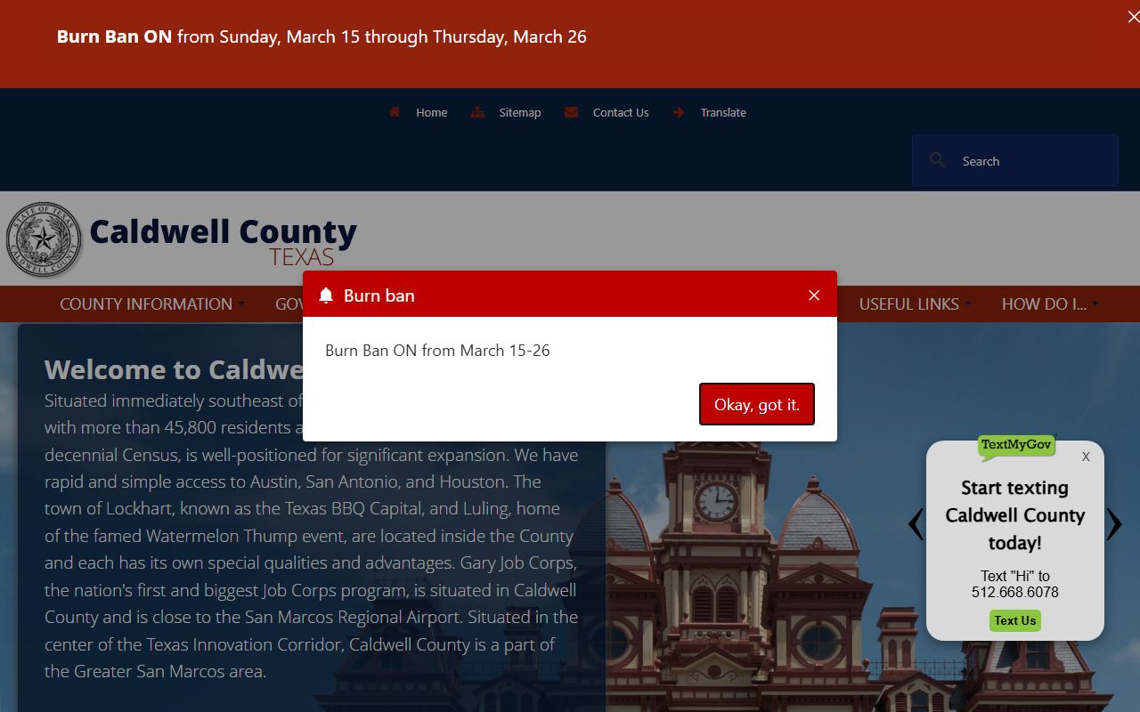 Caldwell County official website homepage showing county services for divorce records