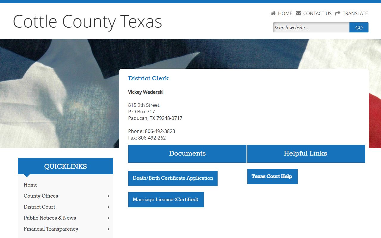 Cottle County District Clerk page for divorce record access