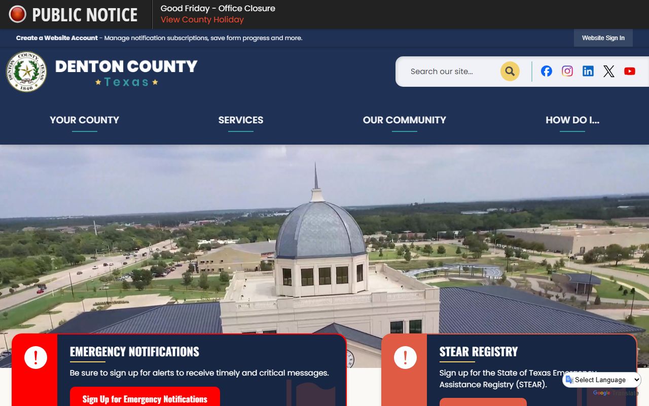 Denton County homepage with county department and divorce records information