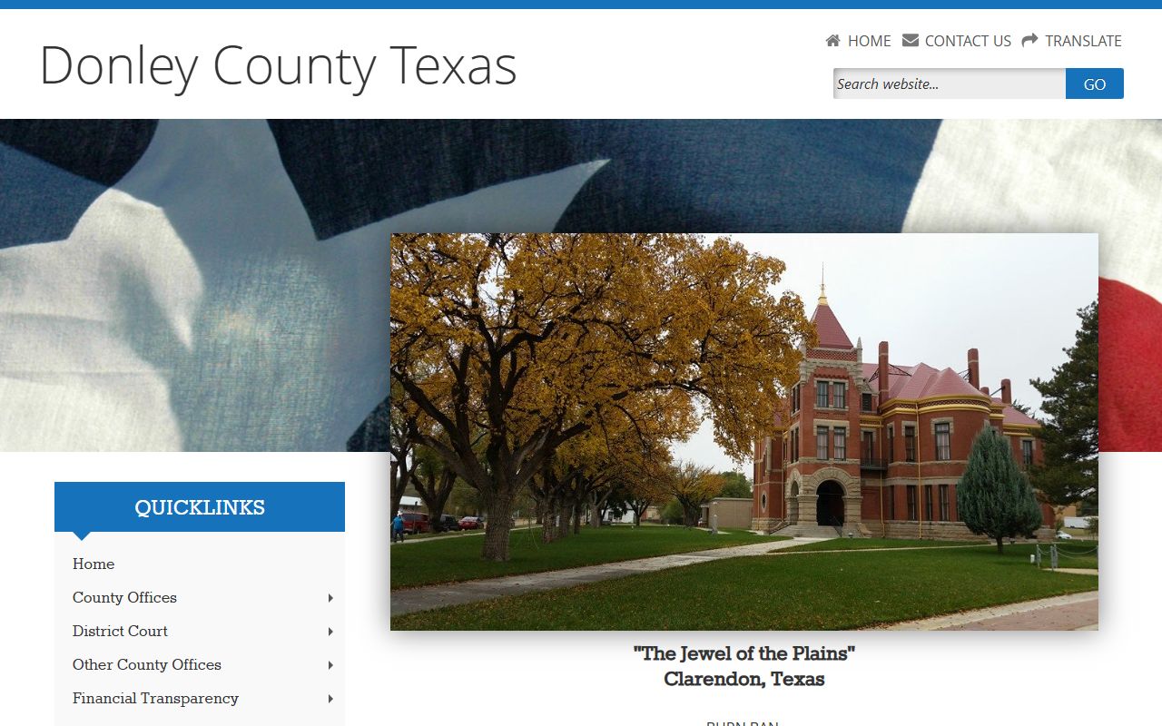 Donley County Texas homepage showing county government and divorce records contact information
