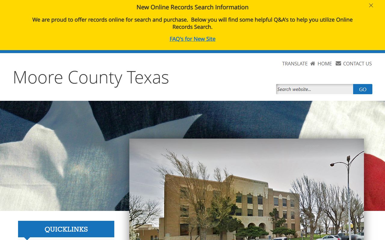 Moore County homepage showing district clerk contact information for divorce records
