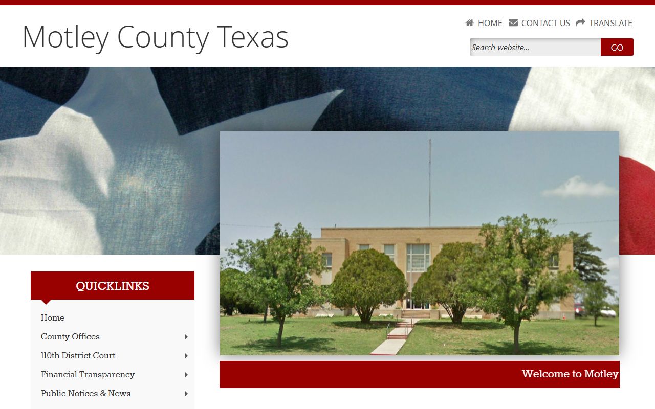 Motley County homepage showing district clerk details for divorce record requests in Matador Texas
