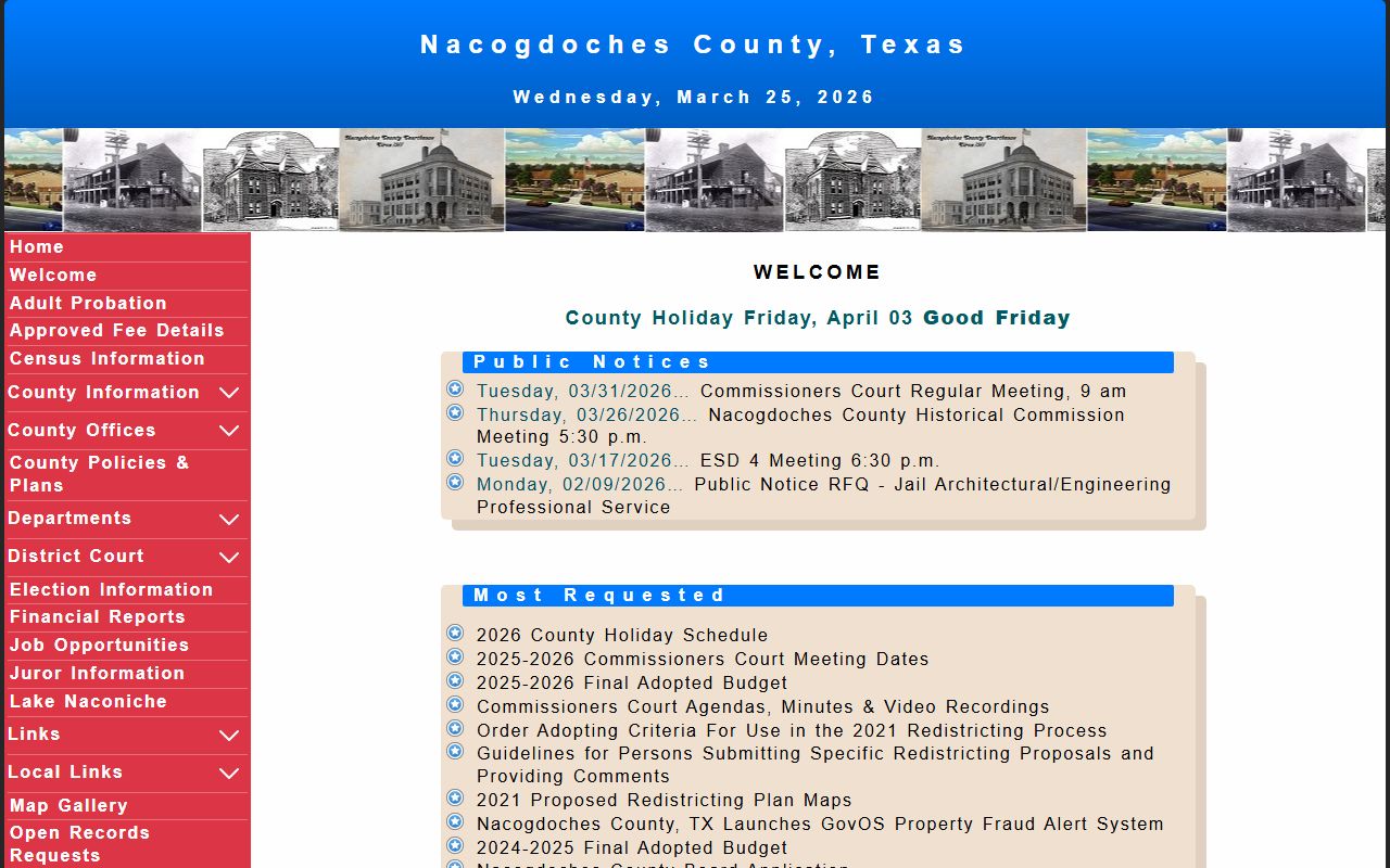 Nacogdoches County website showing district clerk contact information and records search for divorce cases