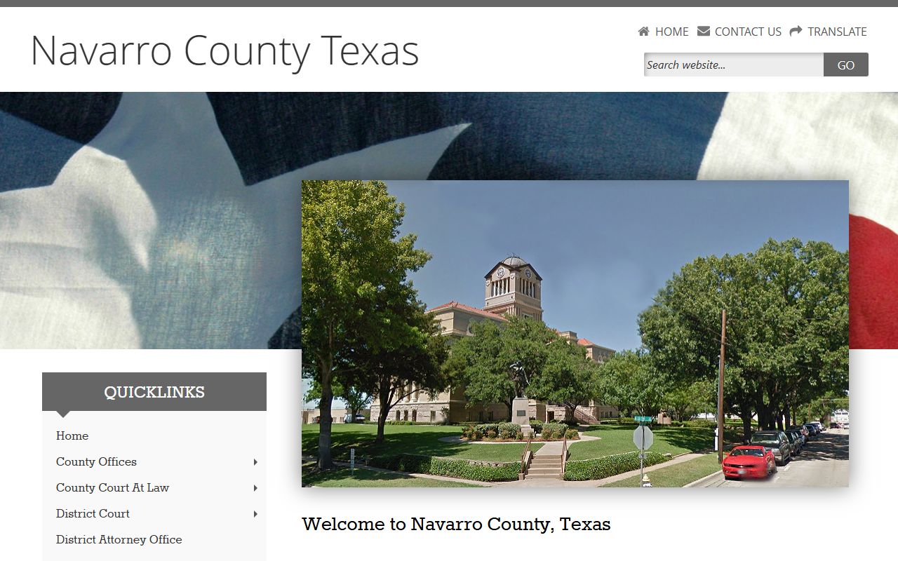 Navarro County homepage showing district clerk information for searching divorce records in Corsicana Texas