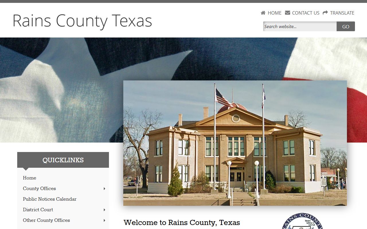 Rains County homepage showing county contact information for divorce records in Emory Texas