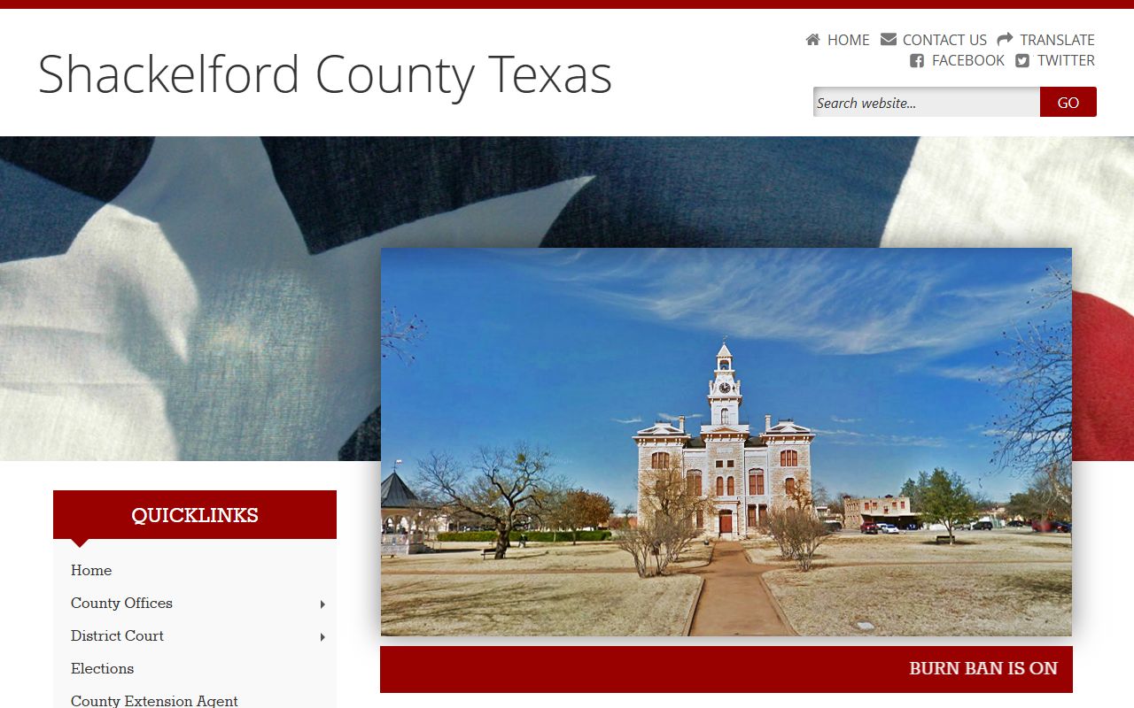 Shackelford County homepage showing county contact details for divorce records in Albany Texas