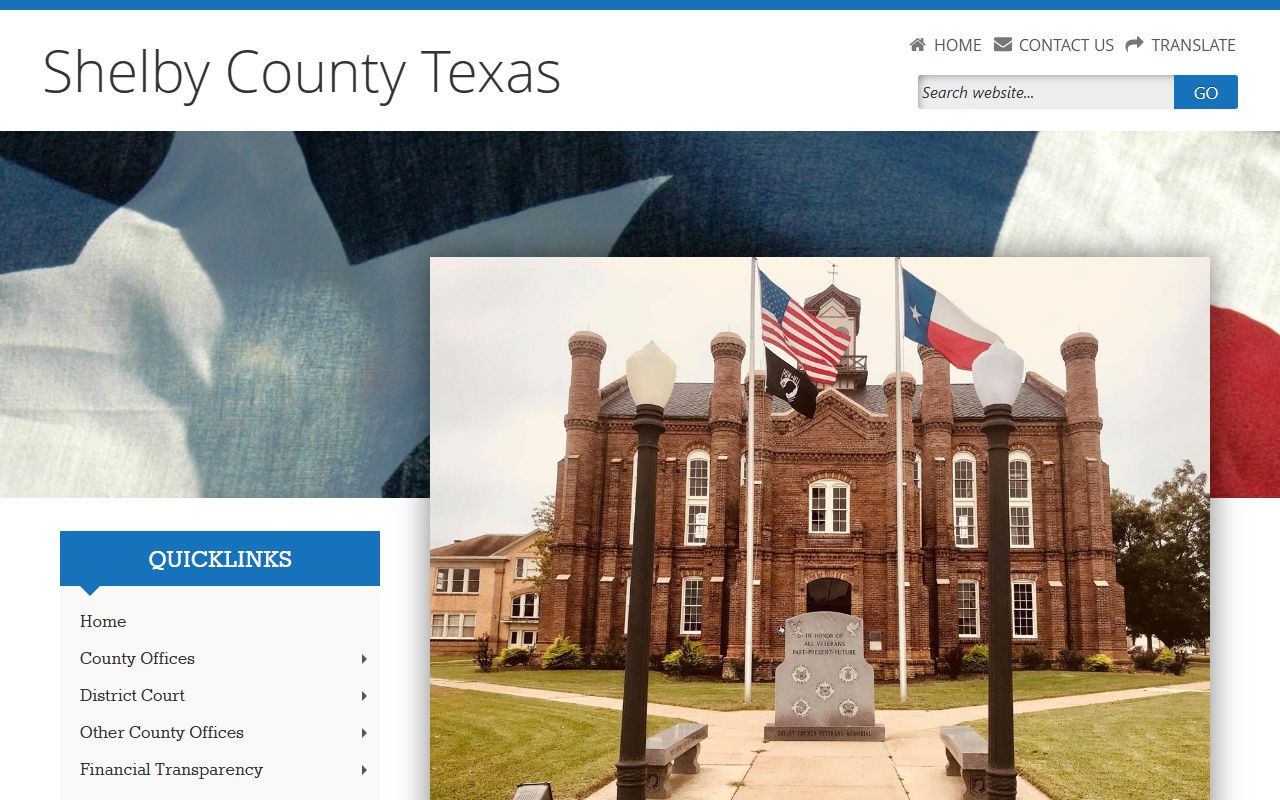 Shelby County homepage showing county office information for divorce records in Center Texas