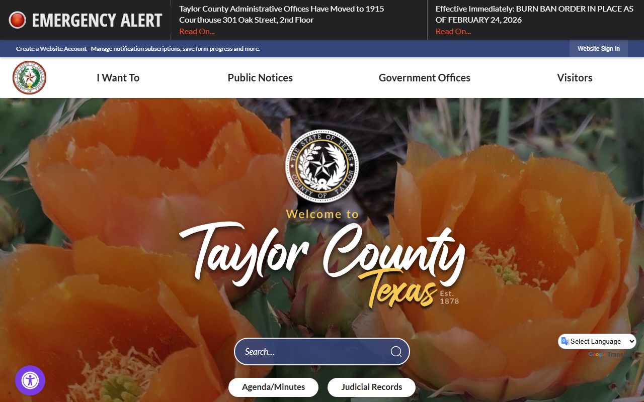 Taylor County homepage with divorce records information