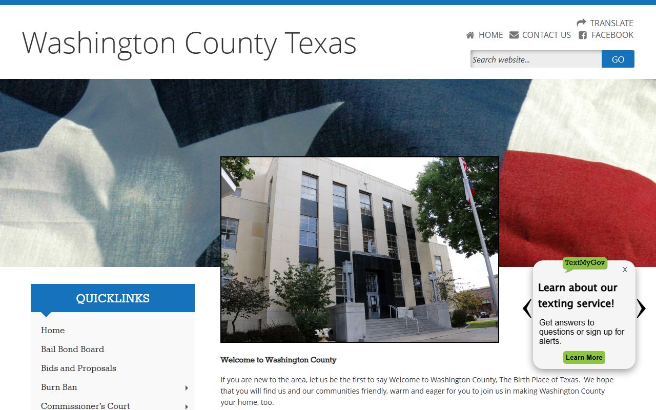 Washington County Texas website showing courthouse and divorce records office in Brenham