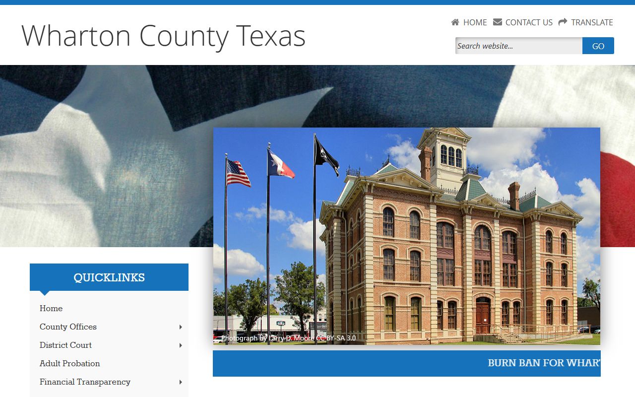Wharton County homepage showing District Clerk and divorce records access