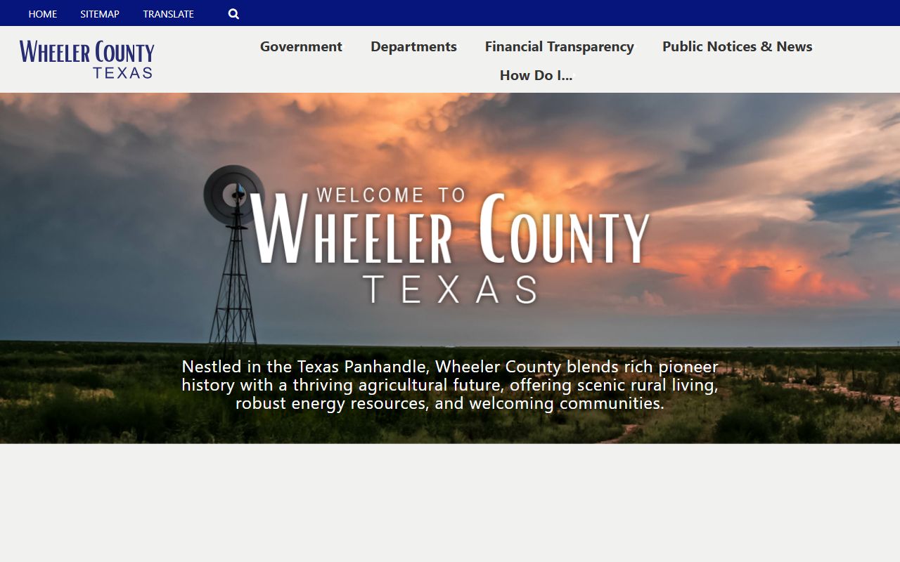 Wheeler County homepage showing county offices and divorce records information